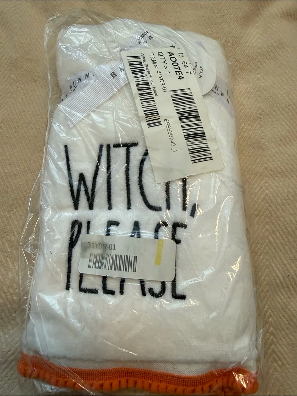Rae Dunn White 'Witch, Please' Bath Towel with Orange Trim